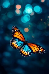 Obraz premium Elegant butterfly with vivid blue and orange gradient wings, floating gracefully, representing beauty in nature and growth