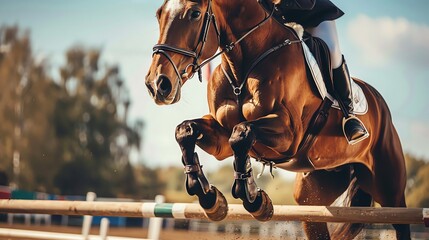 A brown horse jumps over a hurdle with a rider on its back.