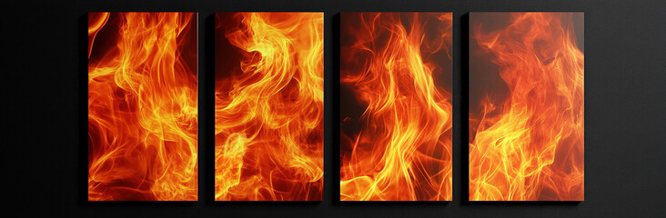 High-definition image of four panels featuring various flame types, set against a black background, emphasizing the detailed and vivid characteristics of each fire pattern.