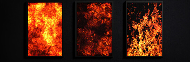 Fototapeta premium High-definition image of four panels featuring various flame types, set against a black background, emphasizing the detailed and vivid characteristics of each fire pattern.
