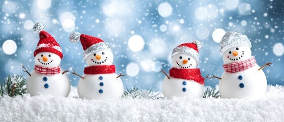 Four Snowmen in Red Hats and Scarves with a Snowy Background