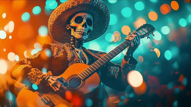 Ghostly skeleton Mariachi band arisen on Halloween and Day of the Dead or Dia de los muertos