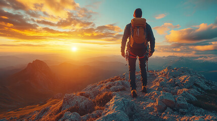 Fototapeta premium Standing man against the background of dawn on a rock, concept of achieving a goal