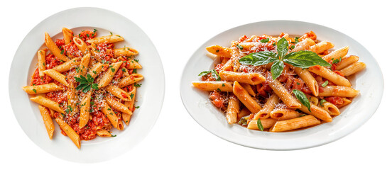 Top and side view of Italian penne pasta Arrabbiata with tomato sauce, garnished with fresh basil...