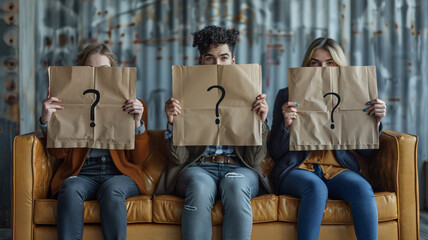 Group of people holding a poster with a question mark