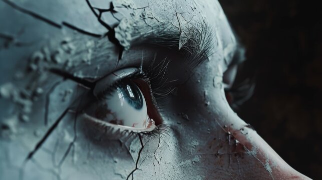 Close-up of a humanoid sculpture's face, showing detailed cracks and an intense, piercing gaze. The intricate texture and focused expression give the artwork a haunting and mysterious aura.