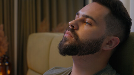 Caucasian man rubbing forehead head male problems worried stress overworked emotion fear guilt disappointment defeat distraught solitude failure regret frustration exhaustion guy bed bedroom crisis