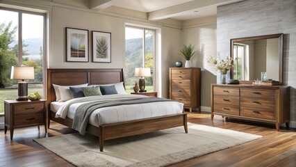 Sophisticated bedroom set featuring a platform bed, dresser, mirror, and nightstand in a neutral walnut finish.
