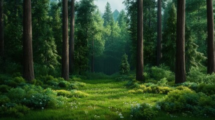 Obraz premium A serene forest scene with tall trees and vibrant green foliage, inviting tranquility and a sense of nature's beauty.