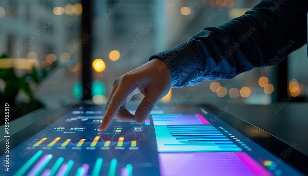 Poster a close-up of a hand interacting with a digital touchscreen display, showcasing vibrant data visuali