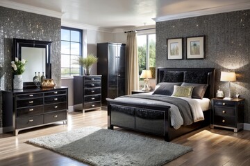 Sophisticated black bedroom pieces take on a glamorous new look with the addition of gleaming glitter textures,