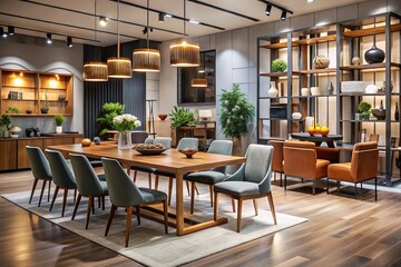 Fototapeta premium Sophisticated dining settings await at our modern furniture store, featuring sleek tables, stylish chairs, and elegant