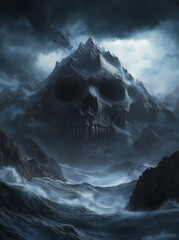 Mountain peak with a skull shaped cave entrance. Near the ocean with crashing waves stormy weather. Horror pirate mystery concept. Cinematic skull cave entrance to the mountains