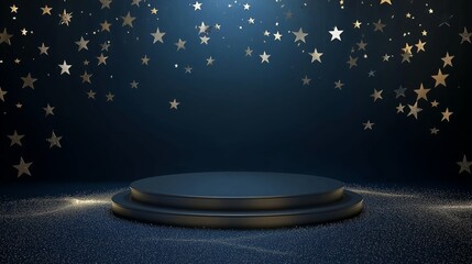An elegant 3D podium with ample empty space, surrounded by glittering star effects, set against a dark blue background, perfect for nighttime and event advertising