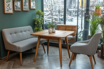 Fototapeta premium Scandinavian Style Corner Nook With Table, Bench And Chair In Modern Coffee Shop Interior By Window.