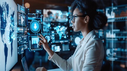 Businesswoman Working On A Computer With Global Data And Information On The Screen
