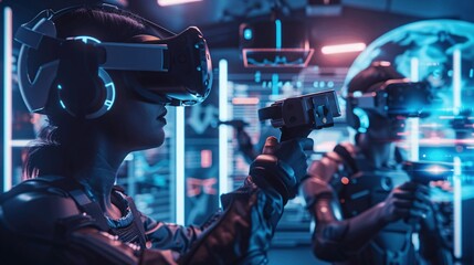 Futuristic VR Gaming Experience   Immersive Technology  Virtual Reality Headset  and Controllers