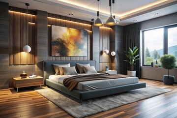 Sophisticated modern bedroom where sleek lines meet futuristic charm, featuring a low-profile bed with built-in LED