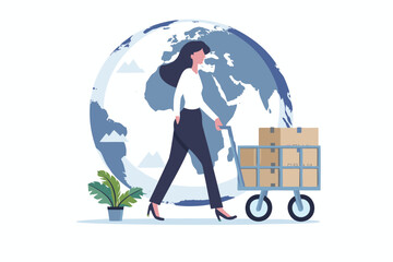 Global Business Relocation Concept with Businesswoman Pushing Office Cart, Symbolizing Workplace Mobility