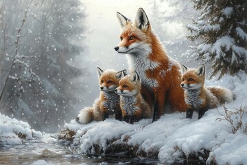 Obraz premium enchanting winter scene with a red fox and her playful cubs in a snowcovered forest surrounded by frostcovered pine trees