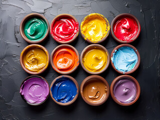 Twelve clay bowls filled with vibrant, smooth paint of various colors, arranged in rows against a dark textured background, highlighting the rich textures and tones in a creative, artistic setting.