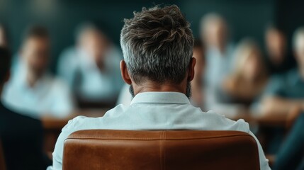 A back view of a man leading a discussion at a meeting, with a focused audience, highlighting themes of leadership, teamwork, and communication, crucial in a professional setting.