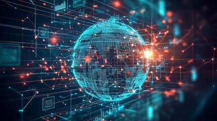 Obraz premium A global network of connections, digital technology intertwining with cyber security in a web of data flow.
