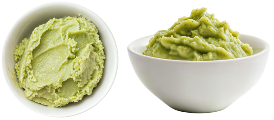 Top and side view set of freshly prepared green wasabi paste in white bowls, isolated on transparent background, perfect for Japanese cuisine, sushi accompaniments, and culinary visuals