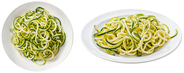 Top and side view bundle of fresh zucchini noodles (zoodles) served on white plates, isolated on transparent background, perfect for low-carb, vegan, and healthy recipe visuals