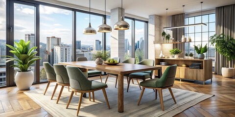 Obraz premium Stylish dining room table and chairs occupy a modern urban space, bathed in abundant natural light that showcases