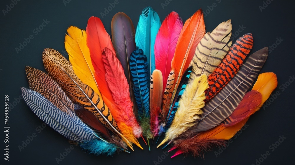 Poster A vibrant collection of colorful feathers arranged in a fan shape on a dark background, showcasing a variety of hues and textures.