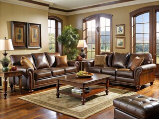 Fototapeta premium Stylish leather living room furniture brings classic elegance to your home, exuding sophistication and warmth, without
