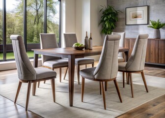 Stylish modern dining chairs feature plush upholstery and sleek designs, creating a comfortable and polished