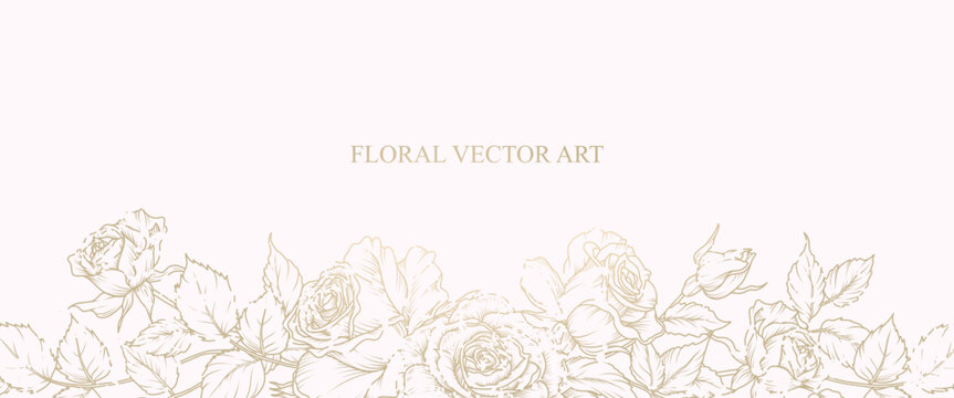 Luxury background with vintage rose bouquet pattern. Hand drawn botanical elegant flower in line art style with texture. Vector illustration for card, wedding invitation, wallpaper, cover, banner