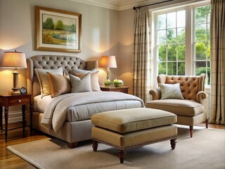 Fototapeta premium The Cozy bedroom exudes warmth and tranquility, featuring a plush Pembroke-style armchair and matching ottoman