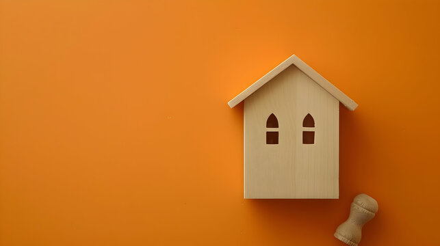 House, insurance and mortgage, buing and rent concept. Small wooden house toy on orange background top view