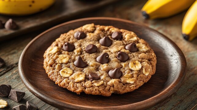 A freshly baked vegan banana oat cookie rests on a wooden plate, enhanced with melting chocolate chips. The warm, inviting kitchen offers a cozy atmosphere