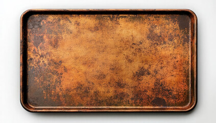 A vintage, rectangular baking sheet with a worn, brown, speckled surface.
