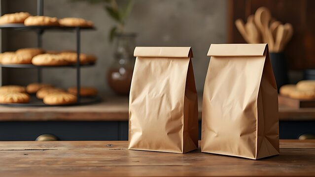 A row of blank craft paper bag packaging with soft cookies inside Mockup template Kraft paper zipper Pouch packaging for bakery snacks on wooden shelf
