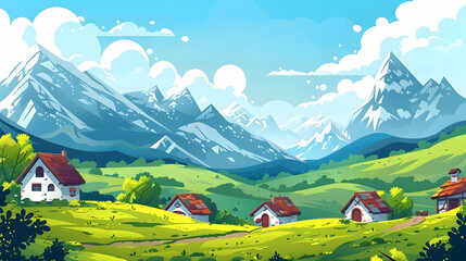 illustration of a landscape with mountains, sky and village houses