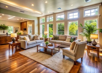 Fototapeta premium The living room features ample natural lighting and an open floor plan, allowing for flexible furniture arrangement and