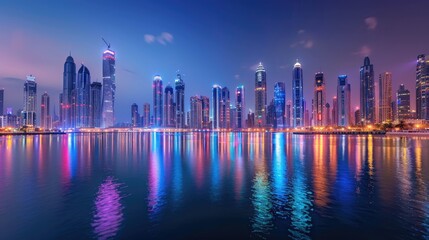 Fototapeta premium A breathtaking cityscape at night with illuminated skyscrapers reflecting off the calm water, creating a mesmerizing and colorful view.