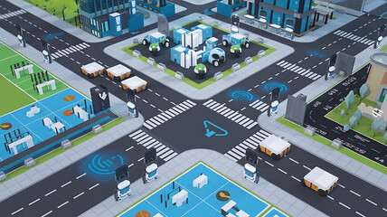 Aerial view of a sprawling futuristic cityscape with sleek skyscrapers and greenery, showcasing a network of wireless communication towers and digital connections.