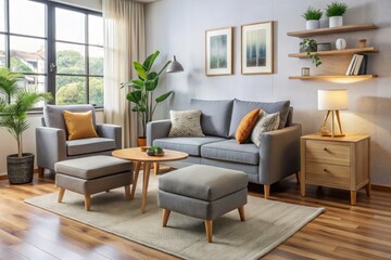 Fototapeta premium The living room is transformed into a cozy haven with a compact couch, armchair, and ottoman arranged in