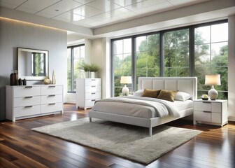 Obraz premium The luxurious white bedroom furniture stands out against the dark wood floors, emitting a sense of serenity and