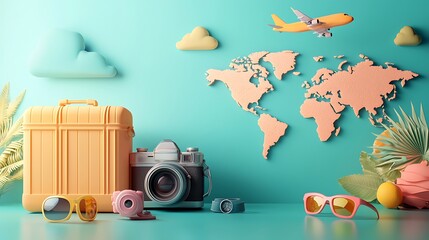 A collection of summer travel essentials�suitcase, camera, sunglasses, and a world map�capture the spirit of adventure.