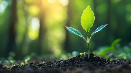 New Sapling Growing in Lush Forest Symbol of Renewal and Thriving Life