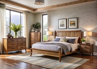 The modern California King-sized bed with espresso-stained nightstands and a matching dresser, accompanied by a sleek