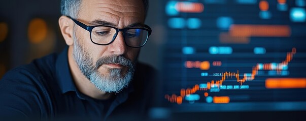Business analyst reviewing a digital debt forecast graph with projected growth, highlighting future financial trends
