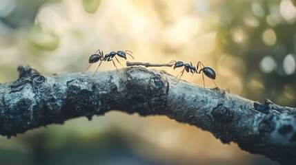 Two Ants Carrying a Twig Together, Teamwork in Nature